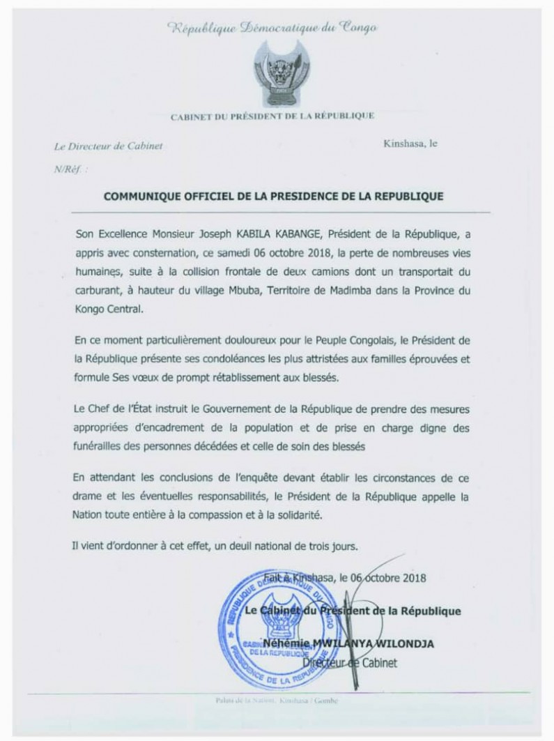 Joseph Kabila ordonne un deuil national de trois jours en mémoire des victimes de Mbuba au Kongo Central