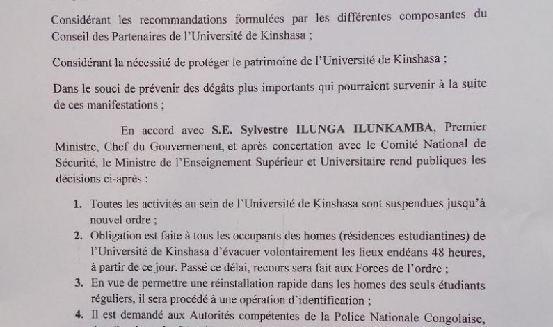 RDC: plus des cours à l’Université de Kinshasa