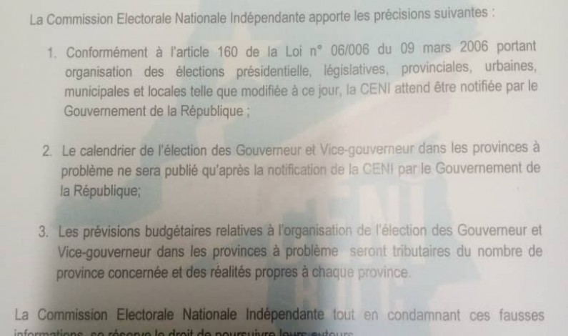 Election du gouverneur et son vice au Kongo central : le gouvernement n’a pas encore notifié la CENI