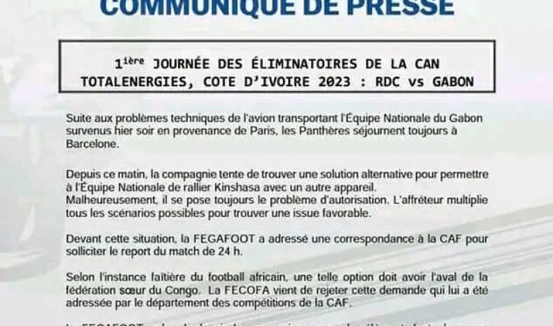 Éliminatoires CAN 2023: la Fecofa rejette la saisine de la Fegafoot pour obtenir le report du match RDC-Gabon